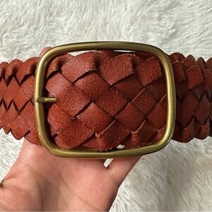 Linea Pelle Woven Leather Belt in Brown with Gold Buckle